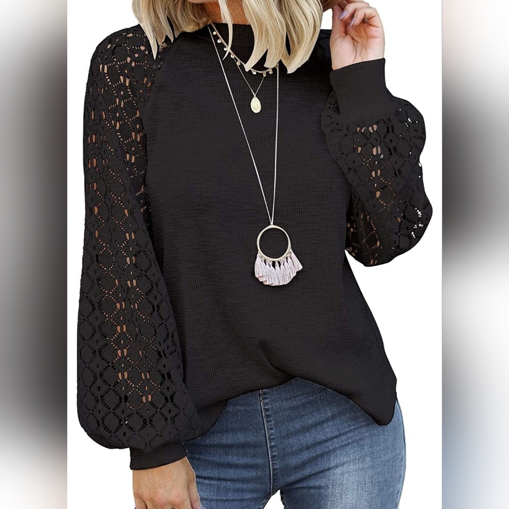 MIHOLL Women’s Long Sleeve Tops Lace Casual Loose Blouses T Shirts- Black/Small